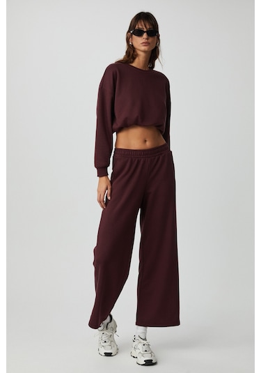 Dewanna Kadın Uzun Kollu Crop Bordo Eşofman Takımı