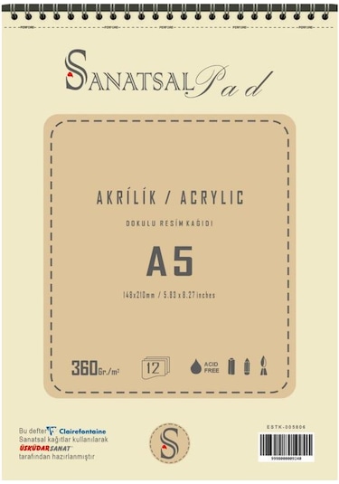 Sanatsal Pad Akrilik Boya Defteri A5 360gr 12 Yaprak Spiralli