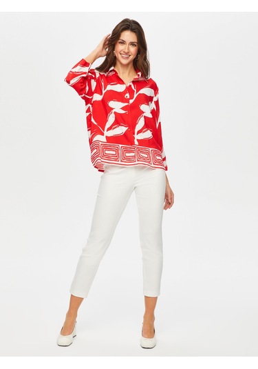 Eteği Sulu Monochrome Yaprak Desen Gömlek 001 Us25gml00141 Kırmızı