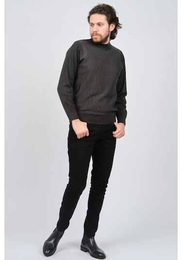 Çizgi Triko Erkek Yarım Balıkçı Çizgi Desenli Kazak 42564234 Koyu Koyu Gri