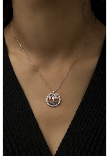 Kadın Hayat Ağacı Nano Zirkon Taşlı Rose 925 Ayar Gümüş Kolye Uvps100520