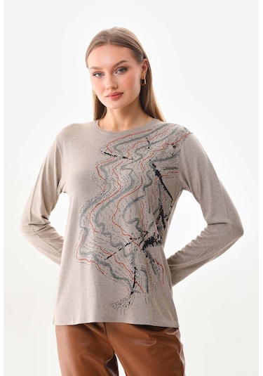 Sistas Kadın Desenli Bisiklet Yaka Uzun Kollu Bluz 23636 Keten Çok Renkli