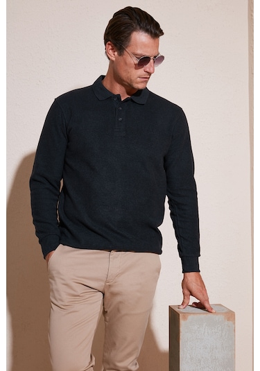 Buratti Pamuk Karışımlı Regular Fit Erkek Polo Yaka Kazak 456223 Antrasit