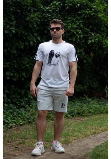 Erkek Gri Beyaz Alt Üst Takım Pamuklu Rahat Yumuşak Dokulu Şort Takım 23eest0171 001