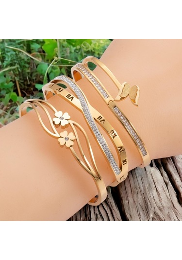 Yonca Temalı Kararmaz Anti Alerjik Gold Çelik Kelepçe Bileklik Şıklığınıza Şans Katın Altın