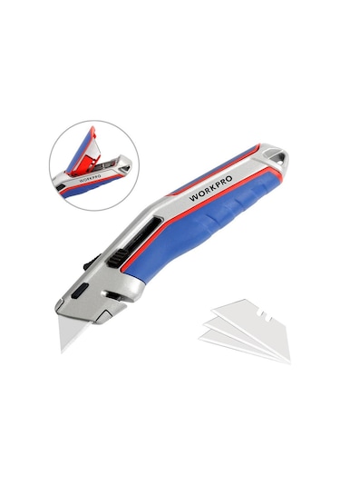 Workpro Wp213015 Ağır Hizmet Alüminyum Gövde Otomatik Geri Çekilebilir Rötuş Maket Bıçağı + 5 Adet Yedek Bıçak Fr Wp213015