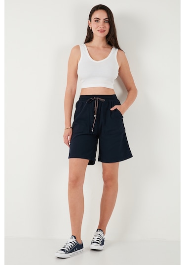 Lela Pamuklu Relaxed Fit Yüksek Bel Cepli Mini Bayan Şort 668Yp5384 Lacivert