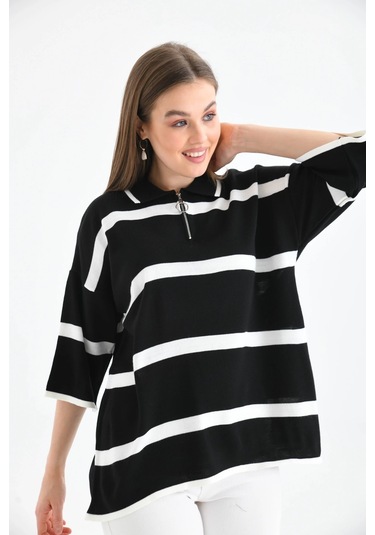 Polo Yaka Fermuarlı Çizgili Salaş Mevsimlik Trko Kazak Siyah