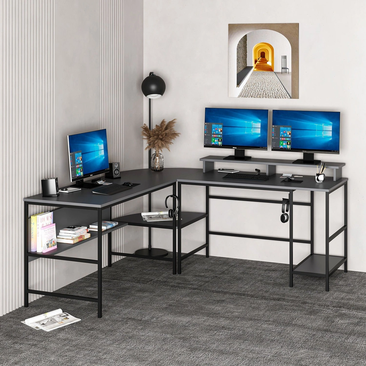 Minar Greta Raflı L Köşe Çalışma Masası - Antrasit Siyah