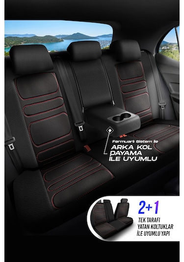 Siyah - Kırmızı Panda Rodos Serisi Deri Ortopedik Oto Koltuk Kılıfı - Tam Set
