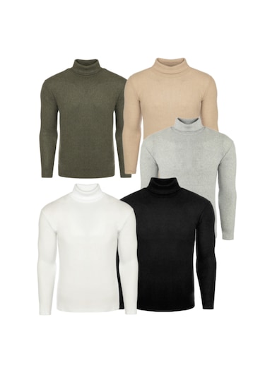 Ribac Boğazlı Balıkçı Triko Erkek Kazak 5'li Paket - Haki-Bej-Beyaz-Gri-Siyah Çok Renkli