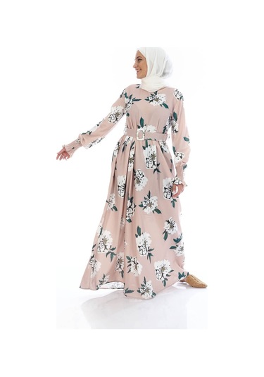 Orwa Official Yomana - Kemerli Çiçek Desen Elbise Bej