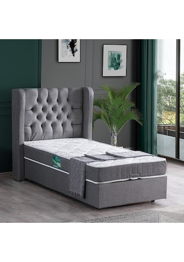 Setaymobilya Baza, Riga Tek Kişilik Baza + Başlık + Comfort Yatak, Gri