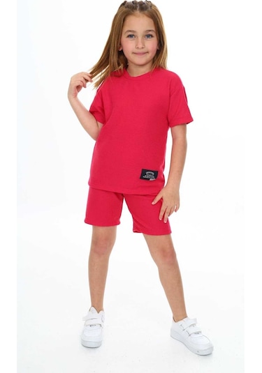 Bisiklet Yaka Şortlu Kız Çocuk Şortlu Takım Kırmızı