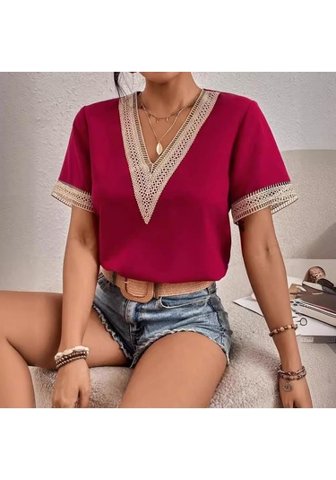 Kadın Modası Rahat Yaz Bahar Düz Renk Baskı Dantel Kısa Kollu V Yaka Bluzlar Ve Gömlekler Bordo