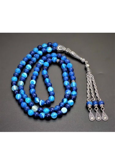 99Lu Namaz Tesbihi - Mavi Akik Doğaltaş Tesbih - 8 MM Küre Kesim