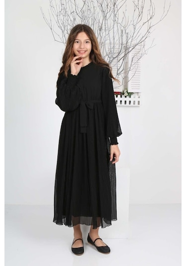Kız Çocuk Uzun Boydan Pliseli Şifon Elbise Siyah