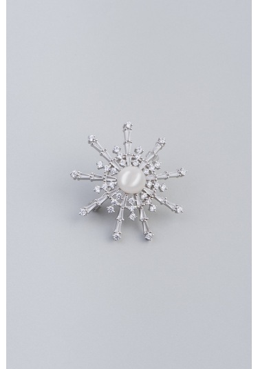İnci Yıldızı 18 Ayar Beyaz Altın Kaplama Gümüş Broş Beyaz