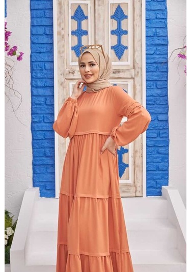 6510-linda Büzgülü Elbise Somon Somon