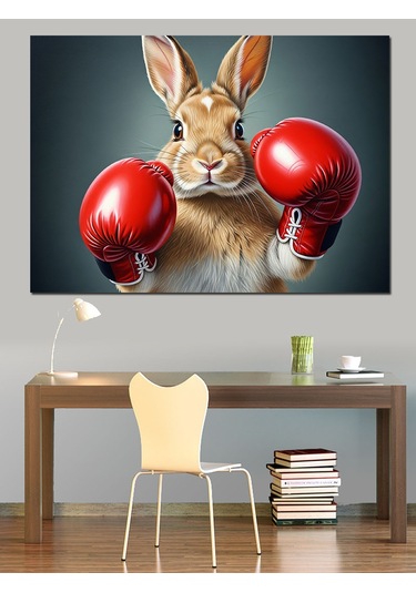 Kırmızı Boks Eldivenli Tavşan İllüstrasyonu Dekoratif Kanvas - Mdf Ahşap Tablo