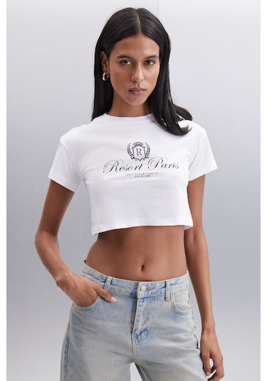 MORAN  Kadın %100 Pamuk Beyaz - Siyah Baskılı T-Shirt