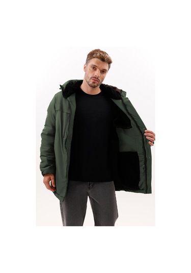 Erkek Polarlı Kürklü Su Ve Rüzgar Geçirmez Kapüşonlu Kışlık Mont & Kaban & Parka - Elyaflamalı Haki