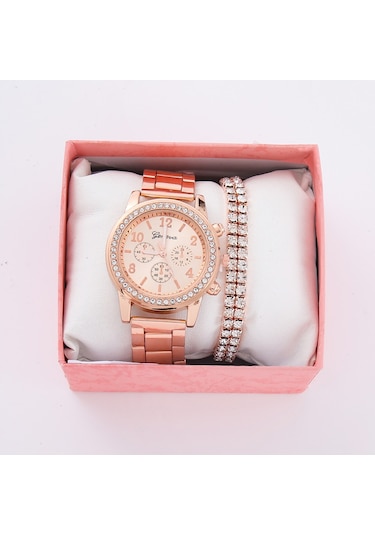 İş Çelik Bantlı Elmas Bayan Saati İmitasyon Kuvars Saat Şık Gündelik Gül Altın + Çift Sıra Hediye Kutusu Olmadan Diğer