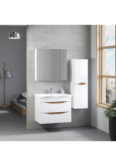 Denko İdea 80 Cm Mdf Beyaz Banyo Dolabı Takımı Ve Boy Dolabı Beyaz