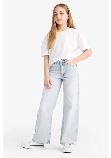 DeFacto Kız Çocuk Straight Wide Jean Pantolon F3150A825SMNM63 Mavi