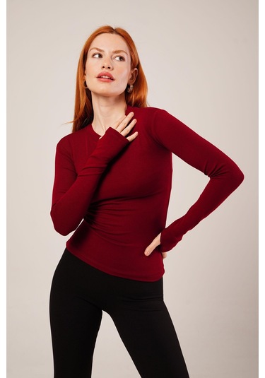 Uzun Kollu Basic Bordo Bluz Antrasit Melanj