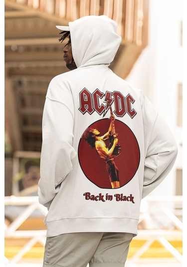 Sevbano Ac Dc Back In Black Müzik Grubu Baskılı Unisex Oversize Tasarım H Beyaz