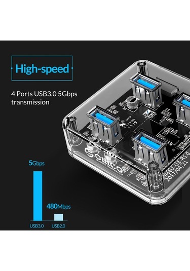 Orico Şeffaf Led Işıklı 5 Gbps 4 Portlu USB-A 3.0  Kablolu Çoklayıcı Hub 30 CM