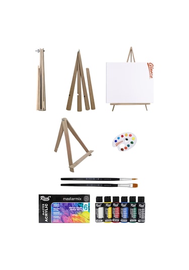 Açılır Kapanır Katlanır Mini Şövale 25x35 Tuval Rich Mastermix Akrilik Boya 6lı 60cc Başlangıç Seti.
