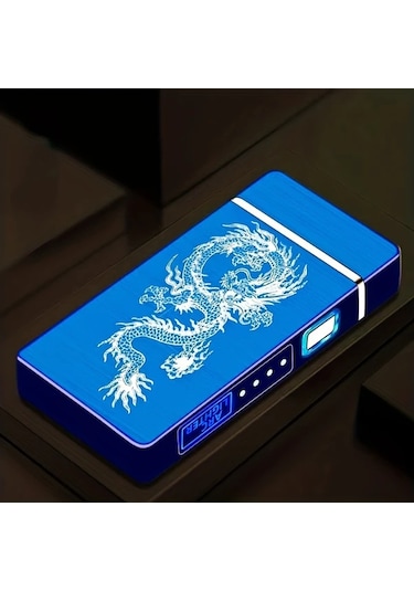 Techbloom Blue Dragon Kişiselleştirilebilir Led Ekranlı Akıllı Sensörlü Rüzgar Geçirmez Çift Arklı Alevsiz Usb Şarjlı Elektrikli Çakmak Altın