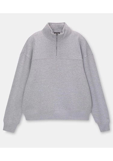 Oversize Yarım Farmuarlı Yakalı Basic Sweatshirt - Gri Gri