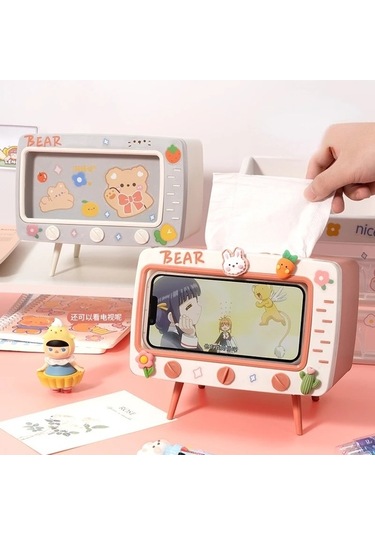 Createtech Gri-sevimli Çok Fonksiyonlu Doku Kutusu Ev İçin Kawaii Tutucu Kare Masaüstü Dekor Tv Doku Kutusu Kasa Pembe Telefon Tutucu Depolama Organizatör/ Pembe