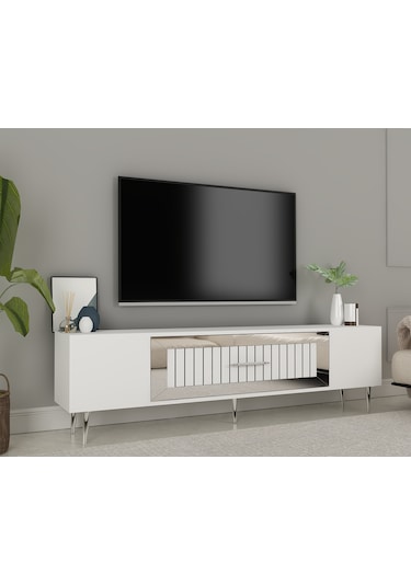 Lahor Tv Sehpası Tv Ünitesi 150 Cm Beyaz Gümüş