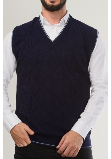 Kamalı Lacivert Erkek V Yaka Triko Örgü Tüylenmez Süveter Regular Fit Saç Örgü Desenli Lacivert