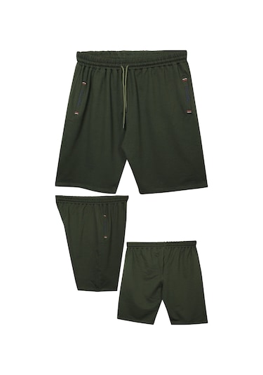 Büyük Beden 110 - 155 Kilo Arası İçin Uygun Bedenli Cepleri Nakış Detaylı Likralı Penye Erkek Şortu Haki