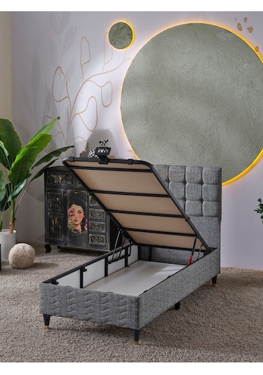 Beehanem Bengü Tek Kişilik 3lü Set Yatak+baza+başlık Keten Gri 120 X 200