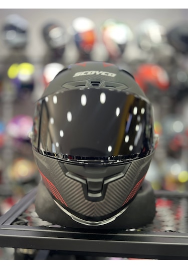 Scoyco 871 Kapalı Kask Mat Gri Kırmızı Siyah Vizörlü