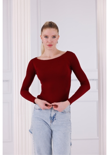 Qscob Buzzy Kumaş Uzun Kollu Kayık Yaka Bluz Bordo