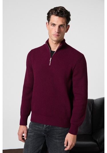 BERNARDO Erkek Yarım Fermuarlı Dik Yaka Triko Bordo Kazak