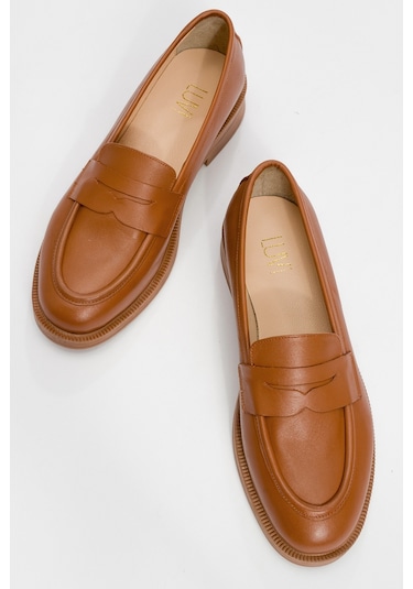 Pline Taba Cilt Hakiki Deri Kadın Loafer Ayakkabı Taba