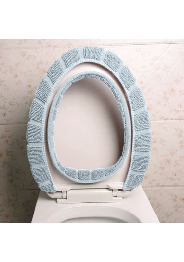 Yumuşak Tuvalet Oturağı Minderi 2 Parça Set Bej Mavi Triko Örgü B Diğer