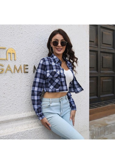 Gmxıa Kadın Modası Günlük Ekose Baskı Uzun Kollu Polo Yaka Bluzlar Ve Gömlekler Kahverengi