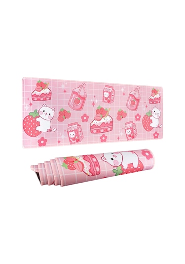 Masa İçin Kawaii Oyuncu Mouse Pad'i, Büyük Kedi Çilekli Süt Mouse Pad'i, Pembe Mouse Pad Xl, Sevimli Anime Mouse Pad'i