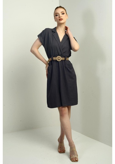 Kadın Torba Cepli Beli Kemerli Elbise-40662 Antrasit