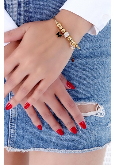 Kadın Taşlı Kelebek  Çelik Bileklik Altın Kaplama Gold