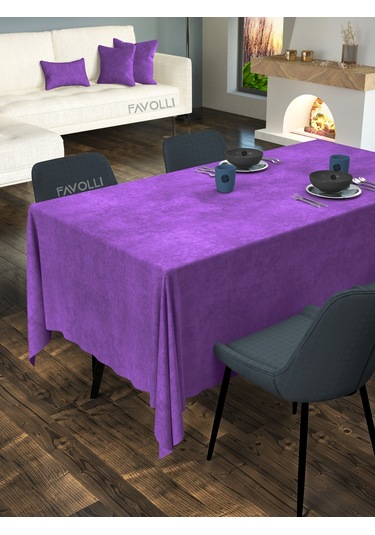 Kadife Dokulu Menekşe Moru Masa Örtüsü Menekşe Moru